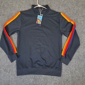 Aldi Pullover Mens Small Navy Blue Quarter Zip Retro Rainbow Stripe Long Sleeve